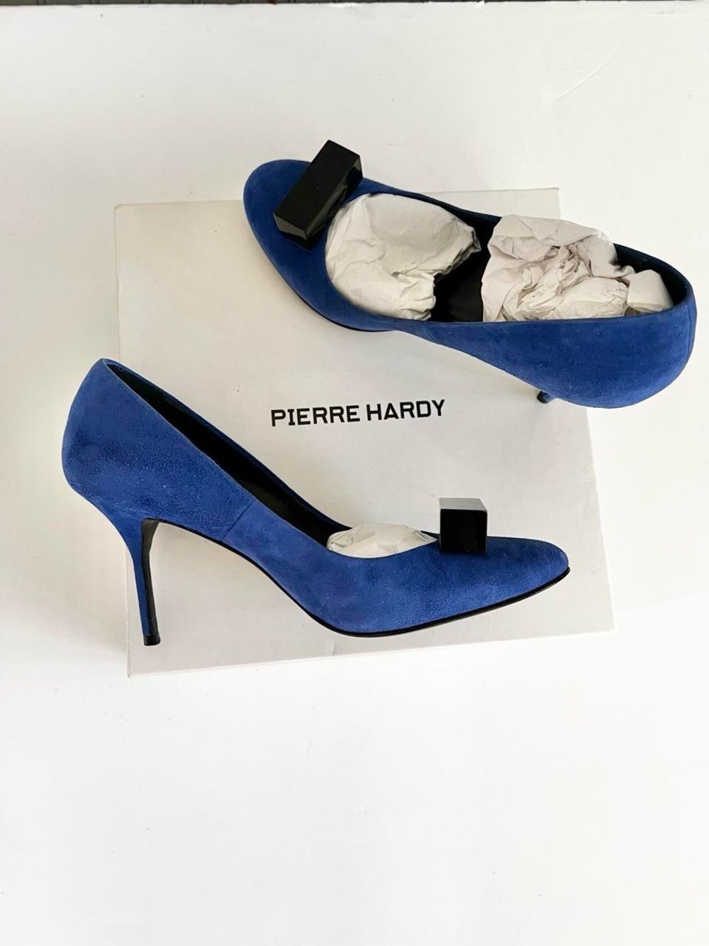 Pierre Hardy Luxury Blue Suede Stiletto Heels with Cube Accent Art Deco